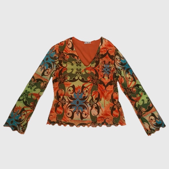 Na Ro Za Tops - Vintage Na Ro Za Orange Colourful Funky Patterned Mesh Long Sleeve